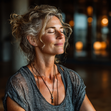 Група літніх людей займається йогою на природі