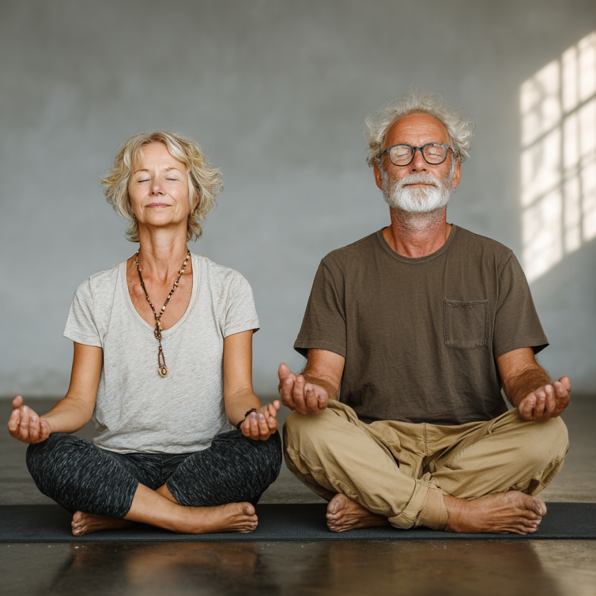 Група літніх людей виконує дихальні вправи йоги